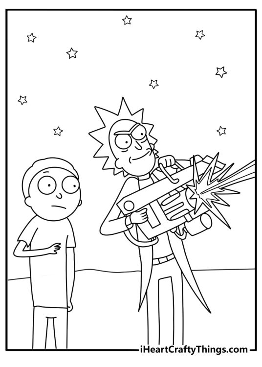 Rick and Morty printable with Summer holding a laser blaster in an alien market