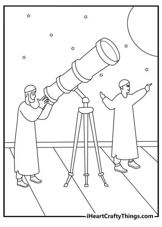 Rooftop moon sighting team using a telescope simple Ramadan coloring page printable pdf