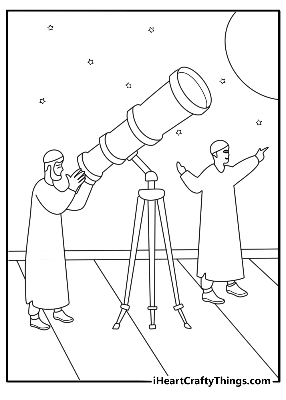 Rooftop moon sighting team using a telescope simple Ramadan coloring page printable pdf