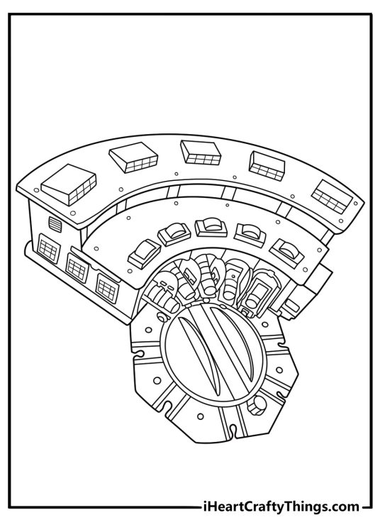 Roundhouse with turntable and engines parked detailed coloring sheet