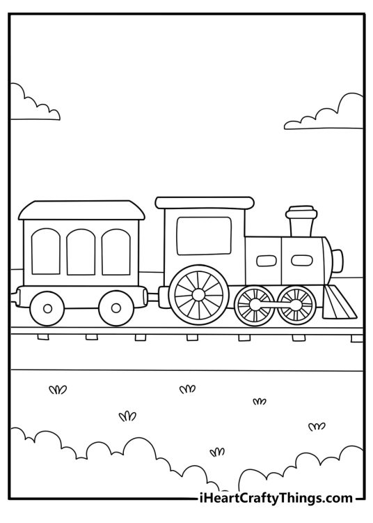 Safari park tour train on paved path cute coloring page for kids
