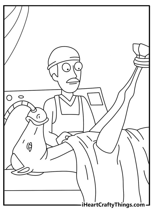 Simple Rick and Morty coloring page with Beth in a horse clinic office