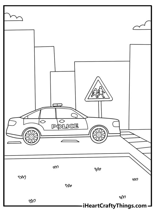 Simple coloring page for kids with police car near school crossing sign