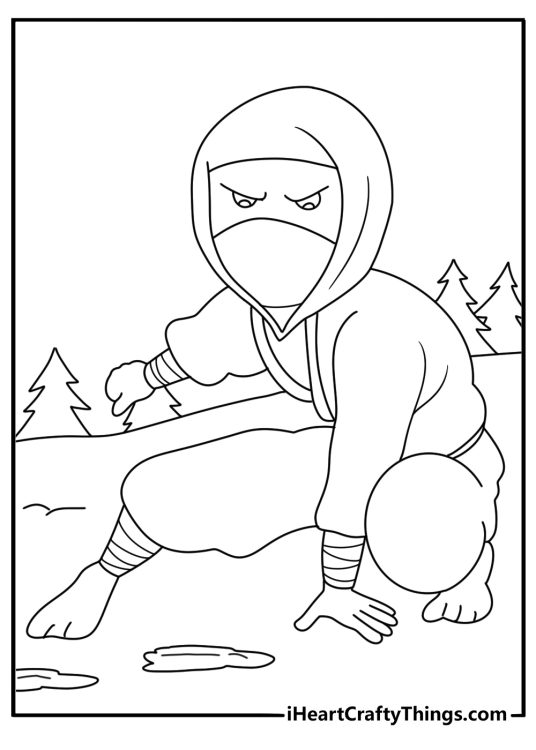 Simple coloring page of a ninja tracking footprints through mountain snow