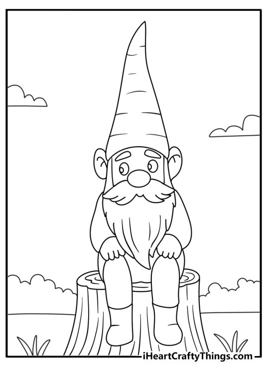 Simple gnome coloring sheet with a gnome sitting on a tree stump