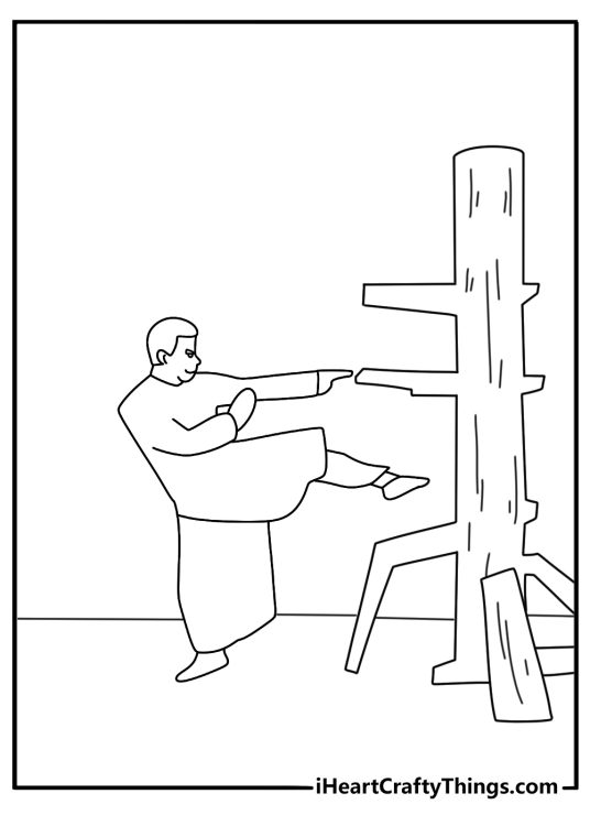 Simple ninja coloring page with a young trainee sparring with a wooden dummy