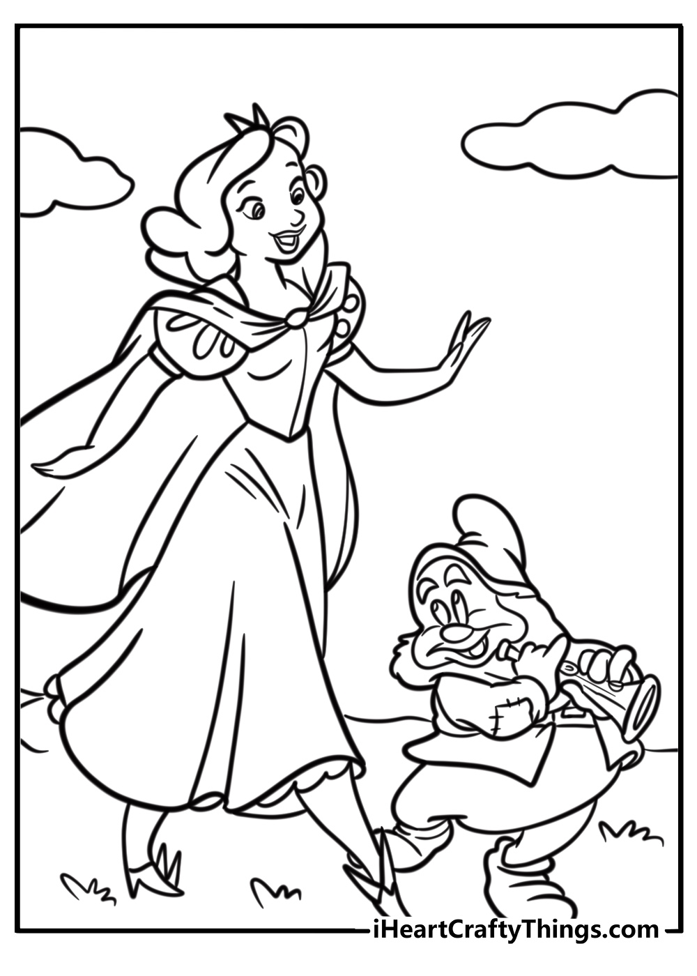 Snow White and Happy the Dwarf laughing free printable coloring page