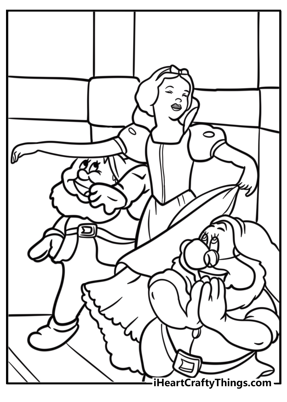 Snow White dancing with the dwarfs detailed coloring sheet