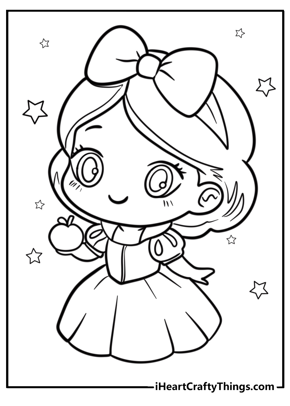 Kawaii Snow White holding an enchanted apple free coloring page pdf