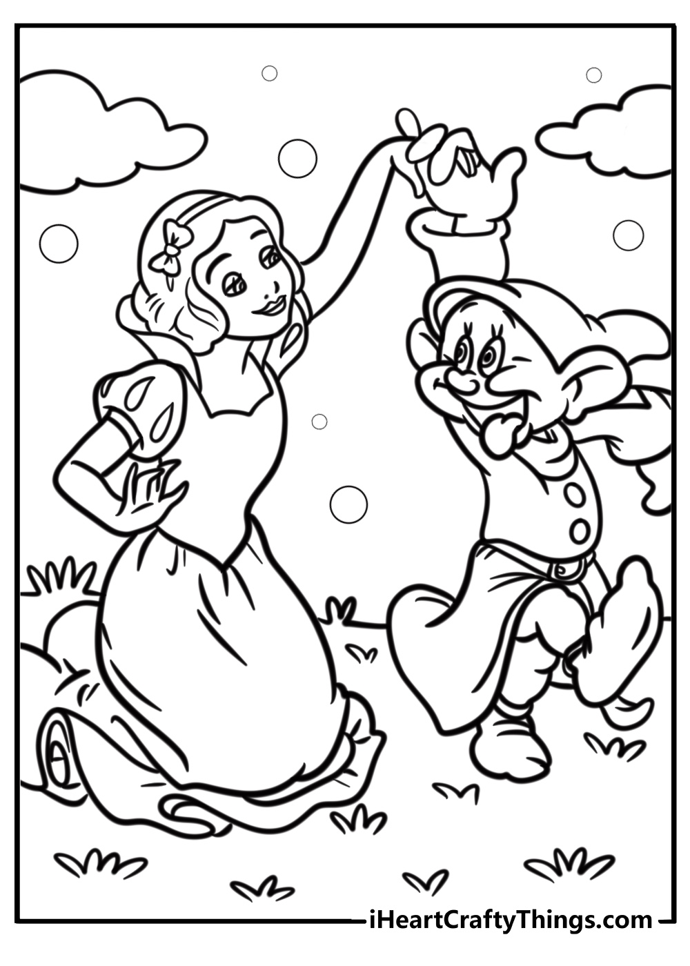 Snow White holding hands with Dopey coloring page for kids