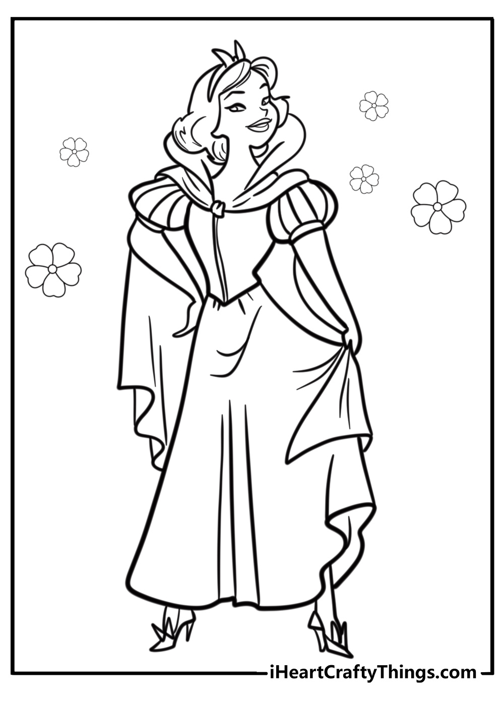 Snow White in her dress detailed coloring sheet