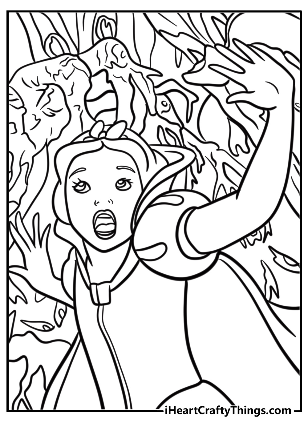 Snow White in the enchanted forest fun coloring sheet for kids