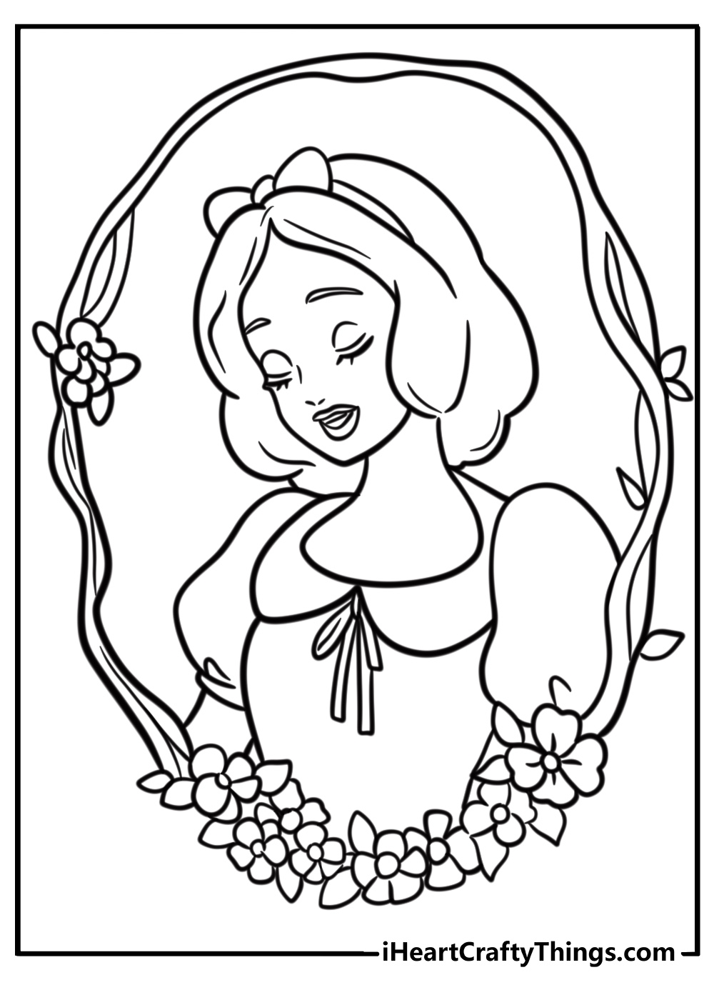 Snow White looking at the magic mirror fun coloring sheet