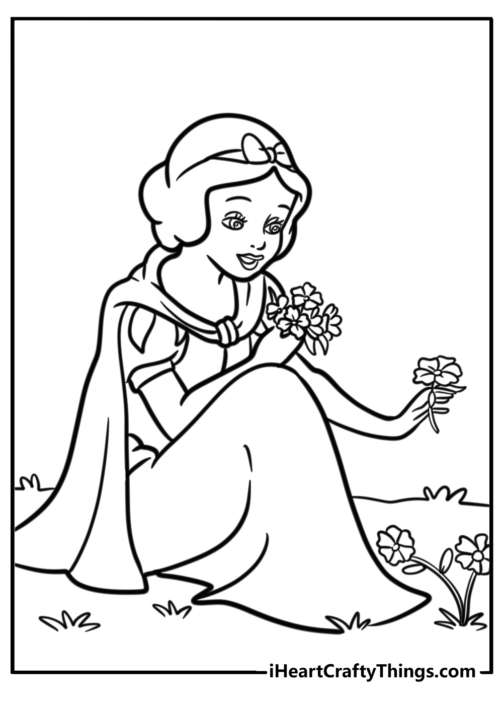 Snow White picking flowers fun coloring sheet