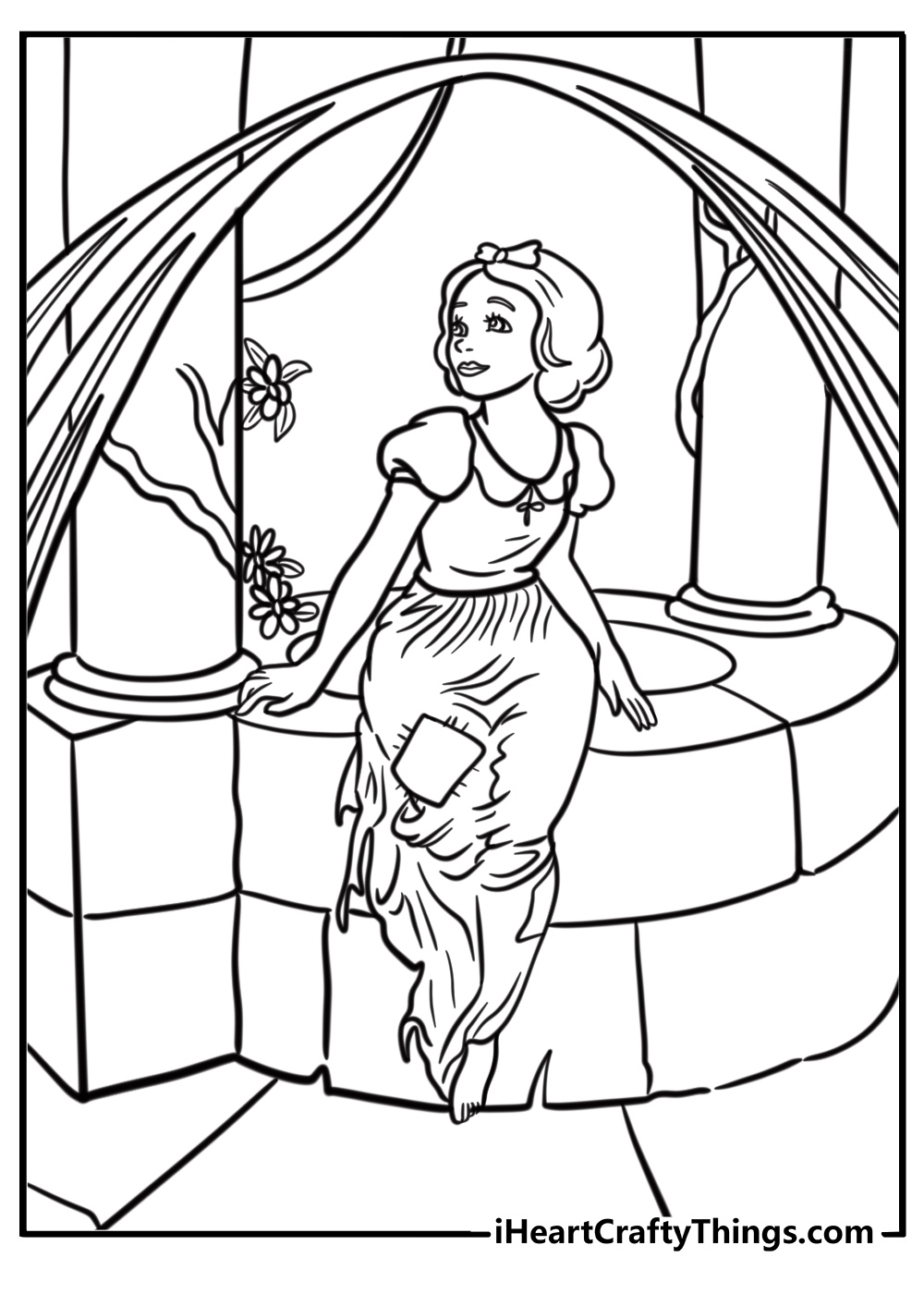 Snow White Sitting by a well detailed coloring sheet