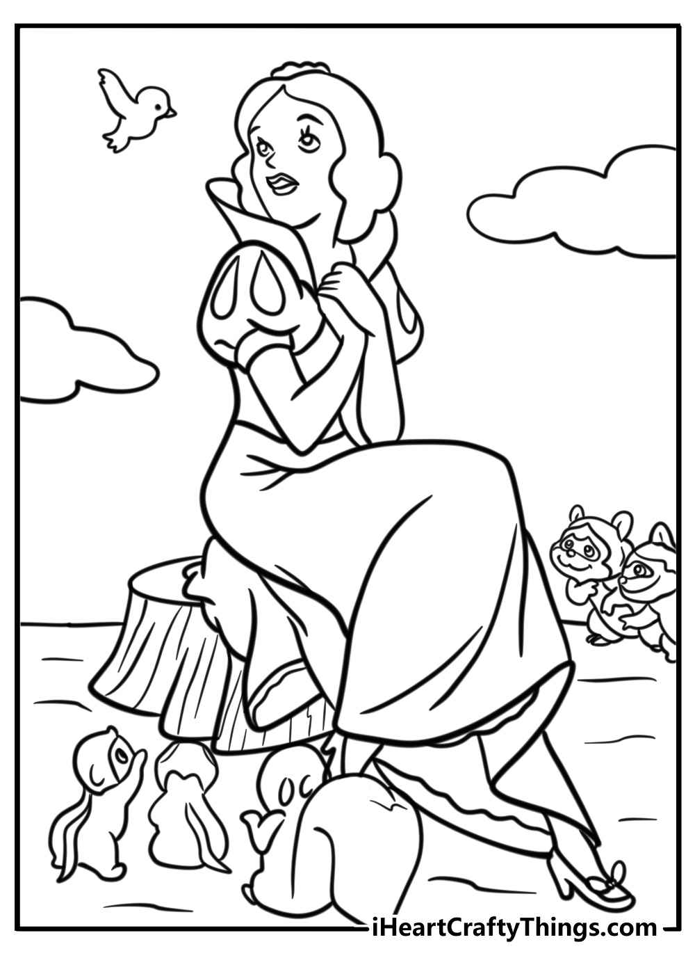 Snow White sitting on a log with animals coloring page