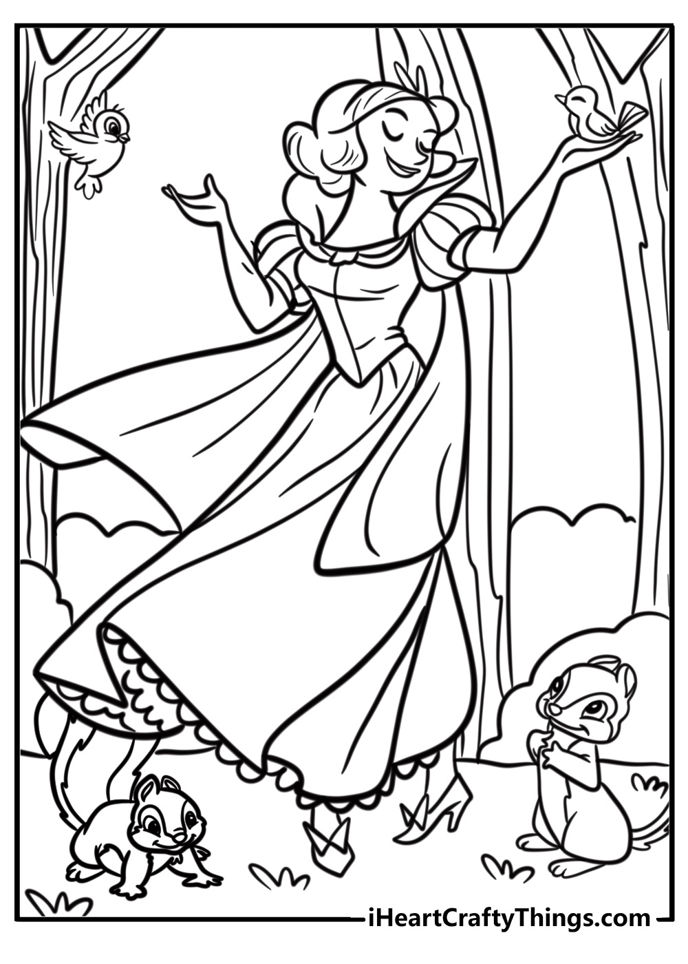 Snow White smiling in the forest free printable coloring page