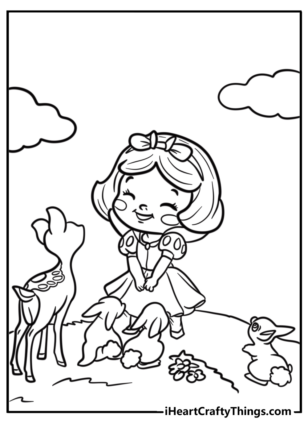 Snow White surrounded by woodland animals free coloring page