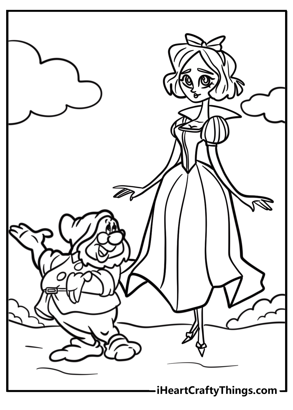 Snow White talking to the dwarfs printable coloring page