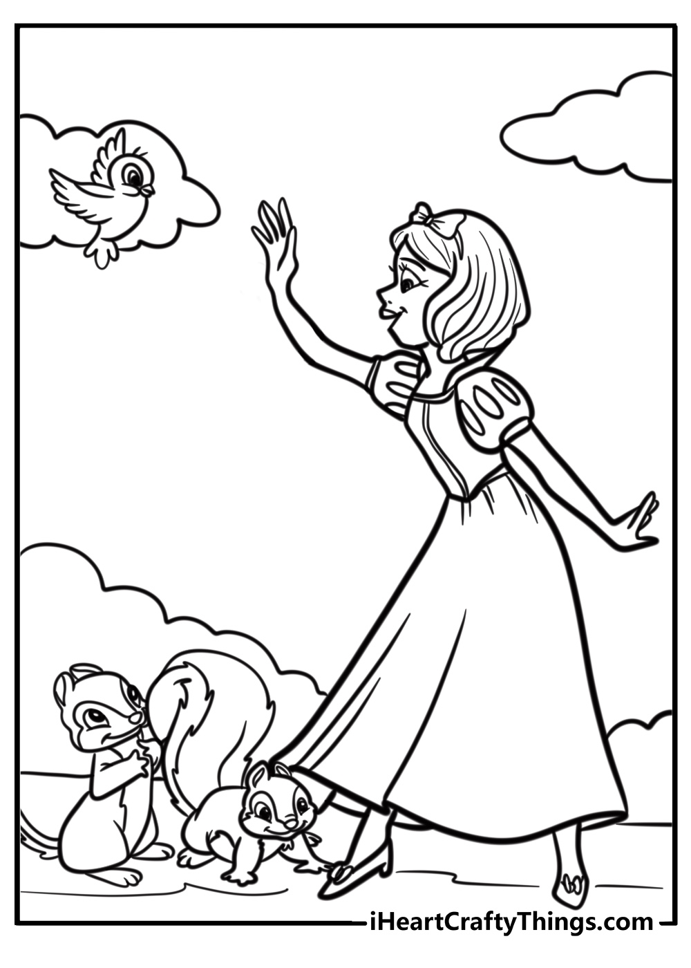 Snow White waving to her animal friends coloring page