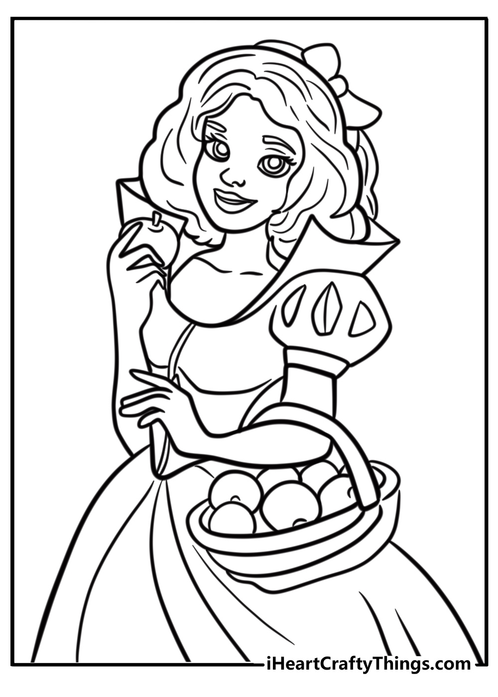 Snow White with a basket of apples free coloring page pdf