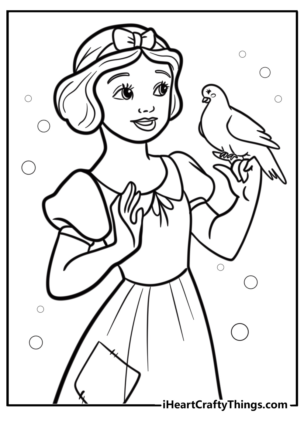 Snow White with a magical bird detailed coloring sheet