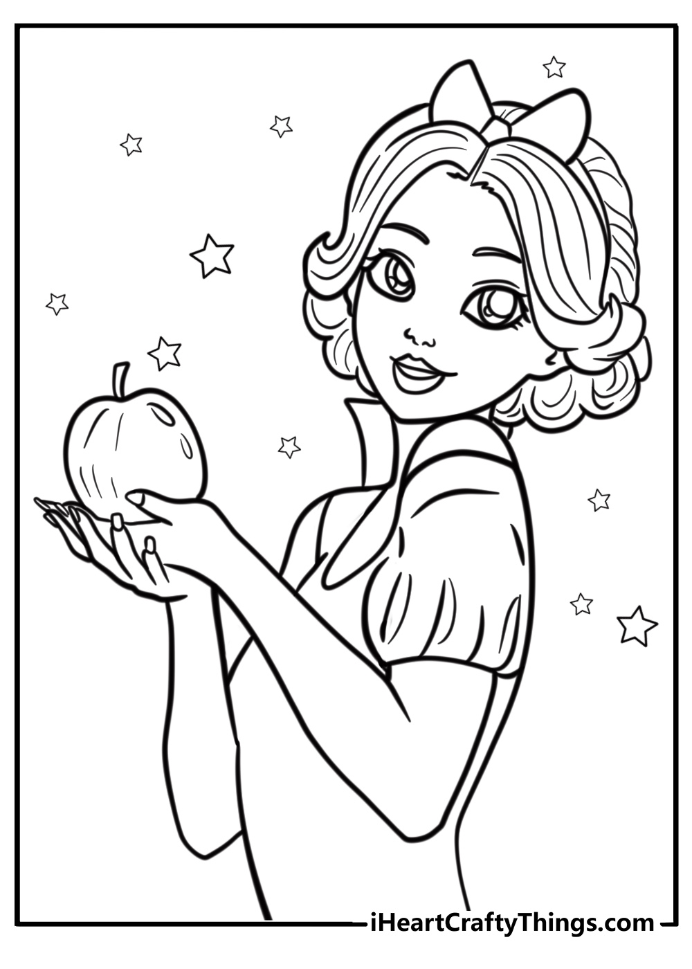 Snow White with her apple coloring page for kids