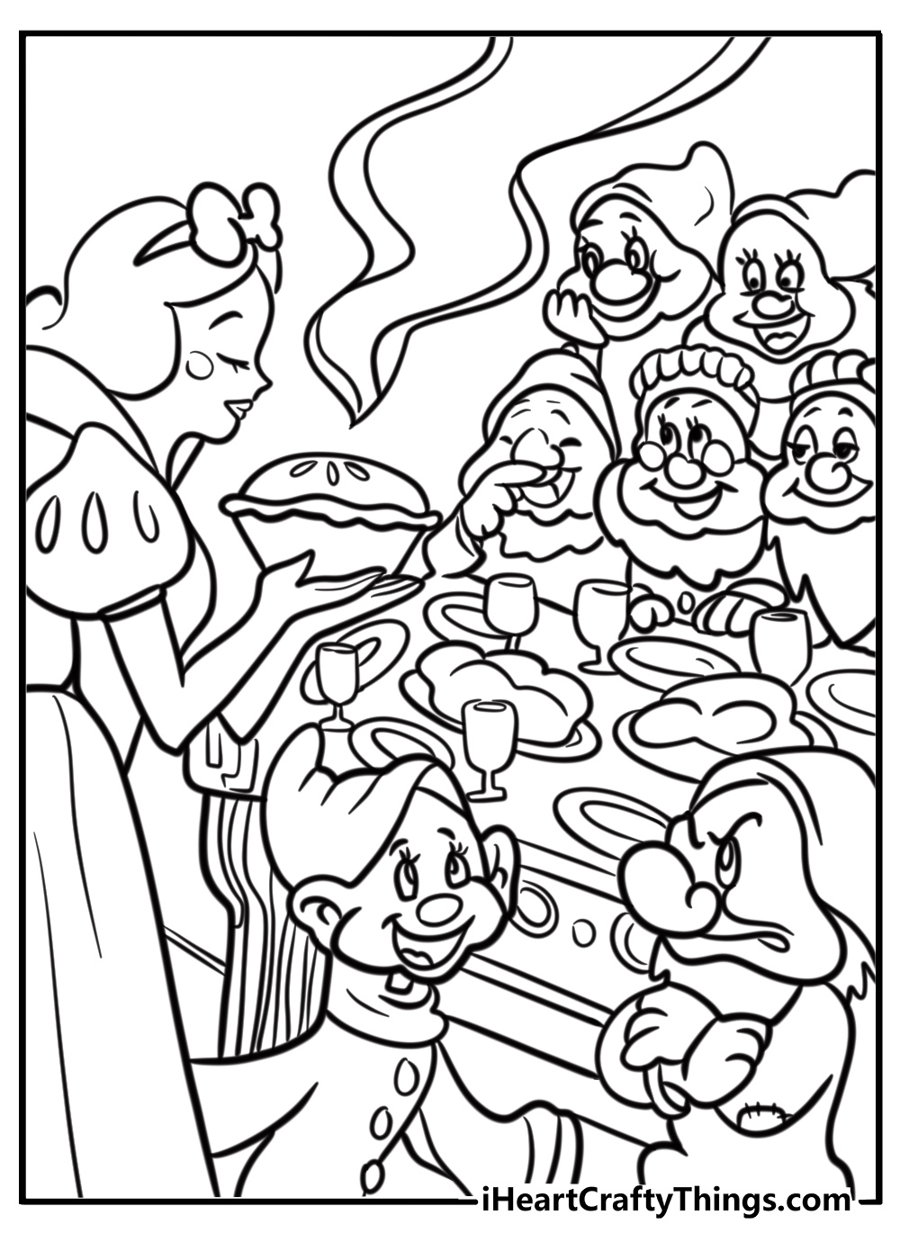 Snow White with the seven dwarfs at the table fun coloring sheet