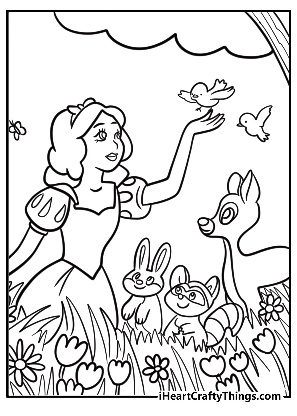 Snow White with woodland animals fun coloring sheet