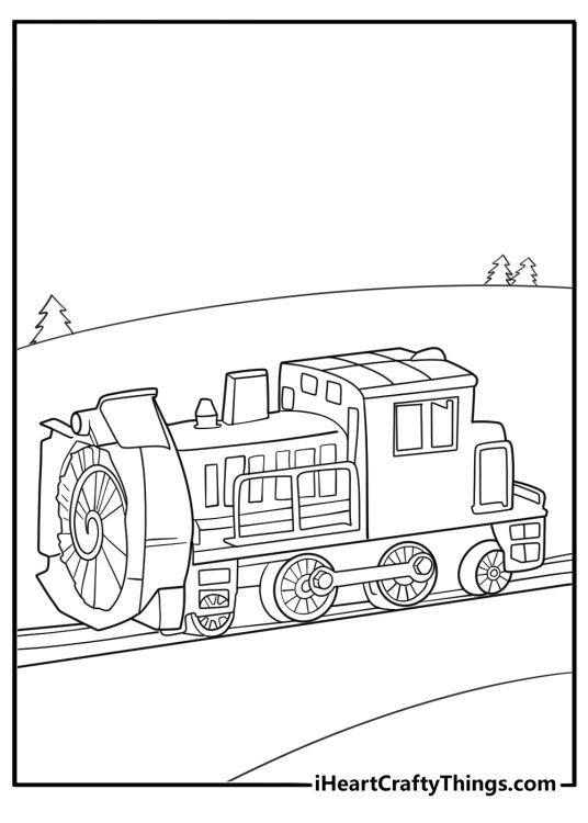 Snowplow locomotive clearing tracks winter train coloring page