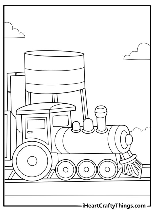 Steam locomotive at water tower refueling vintage printable coloring page