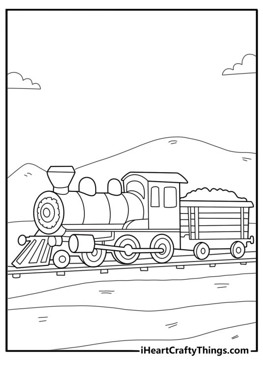 Steam locomotive with big cowcatcher front detailed vintage coloring sheet