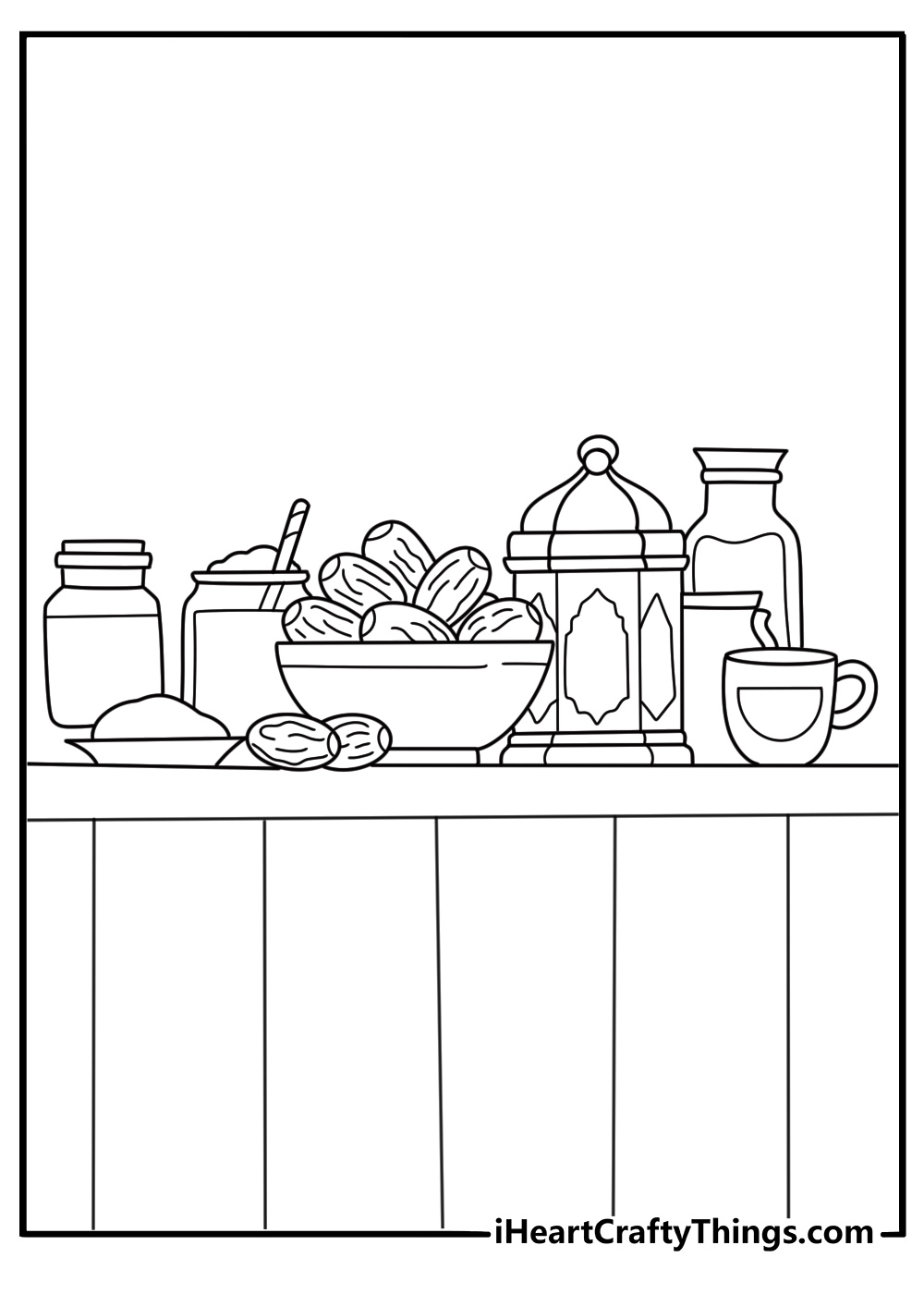 Suhoor pre dawn meal with oatmeal and tea in a cozy kitchen simple coloring sheet for kids pdf
