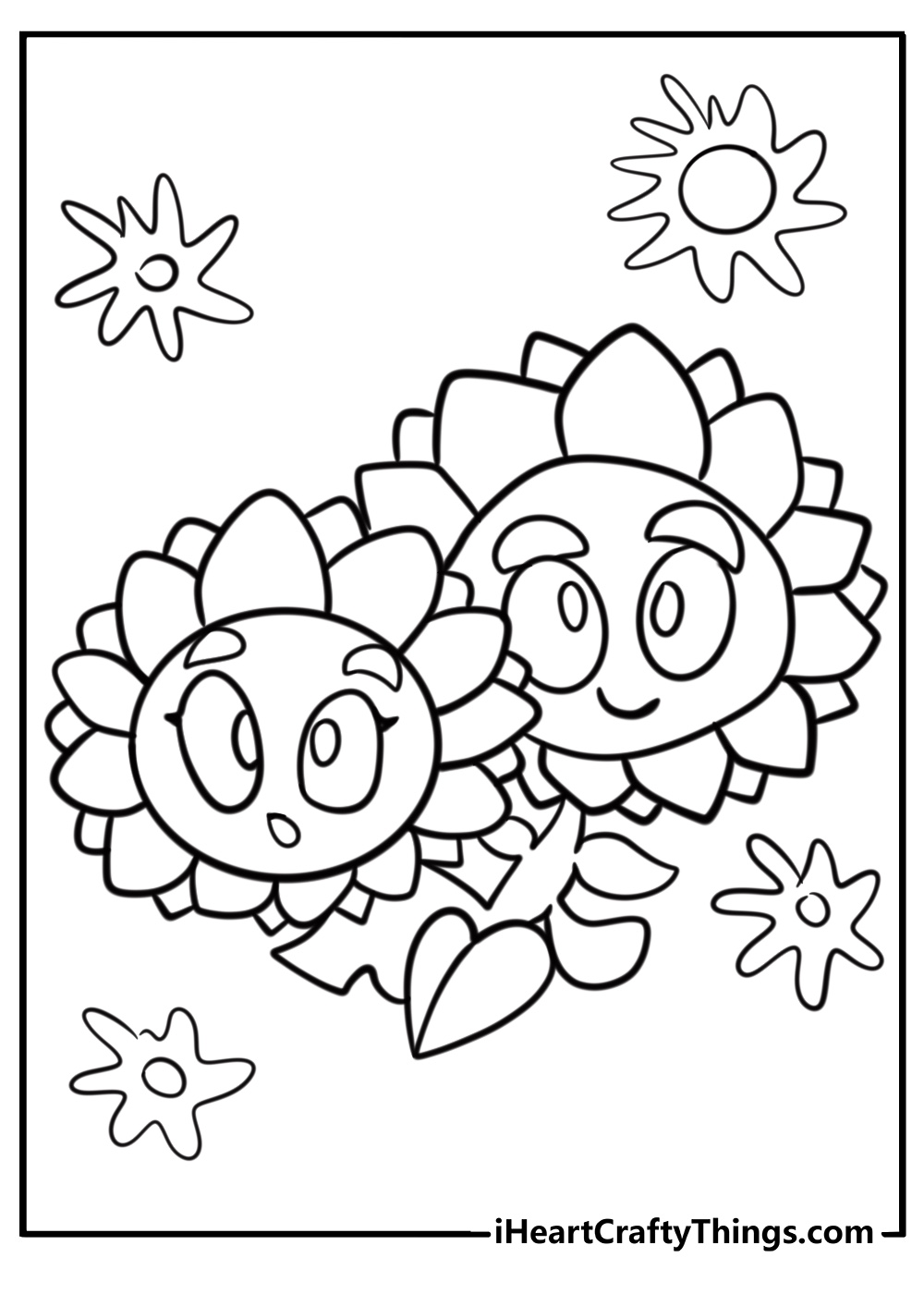 Sunflower smiling and producing sun detailed coloring sheet