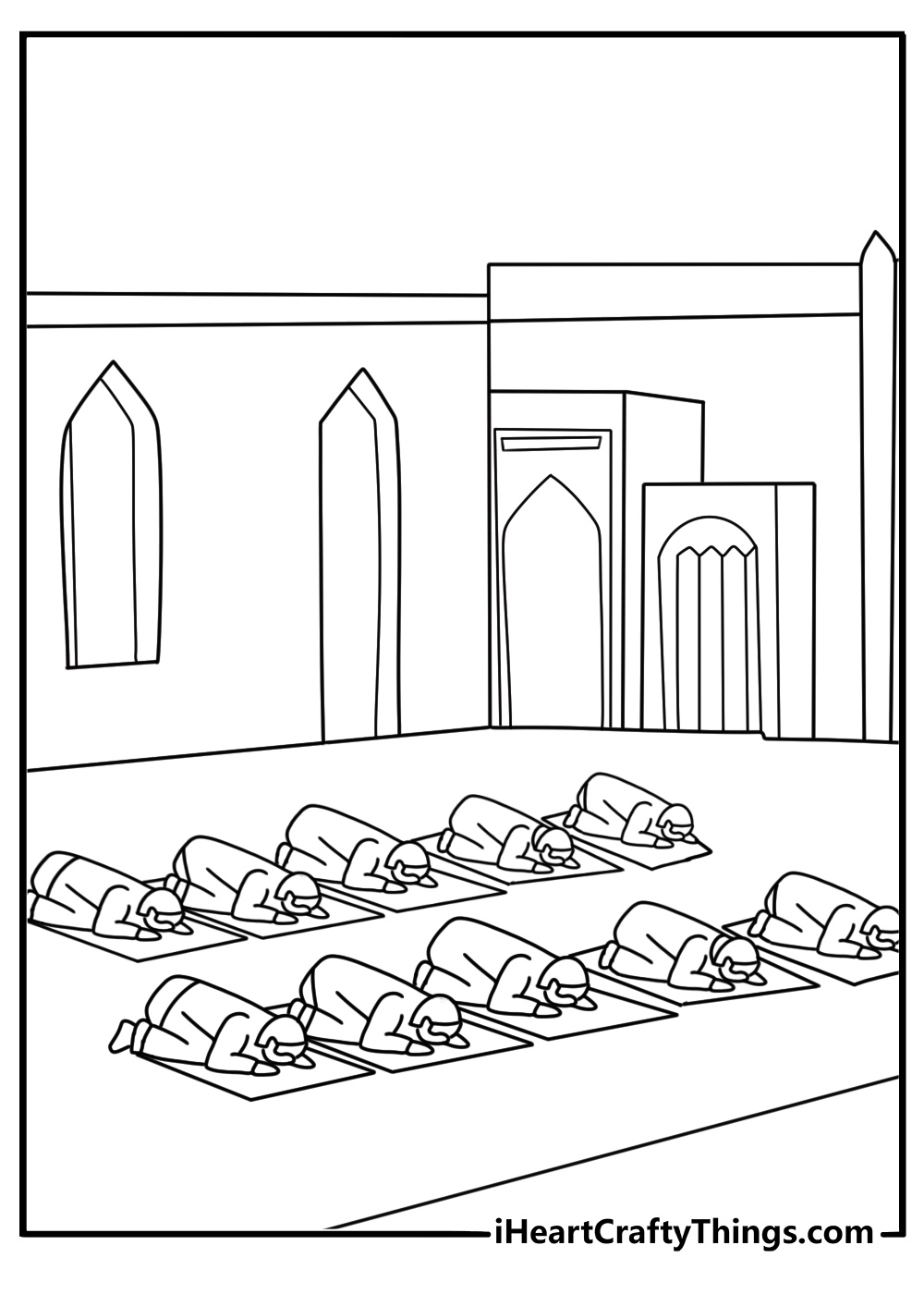 Tarawih prayer row inside a mosque easy Ramadan coloring page for kids printable pdf