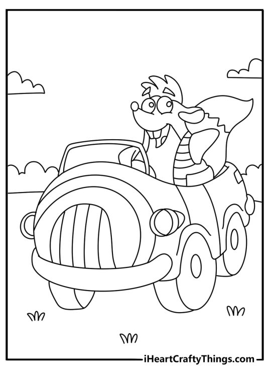 Tico drives his little car along a woodland road in this coloring page