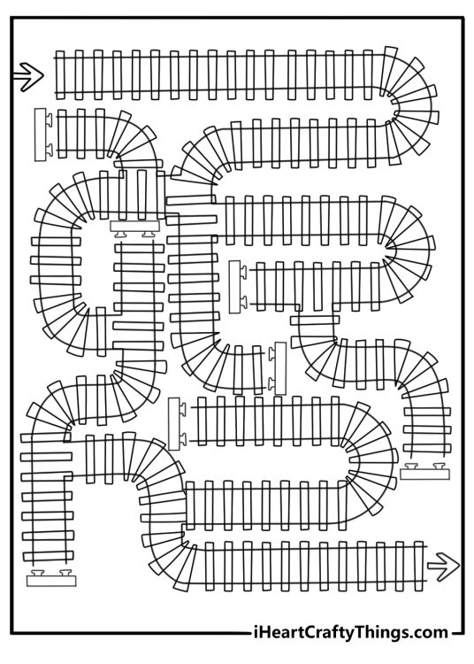 Train tracks maze puzzle guide the engine to the station activity coloring page