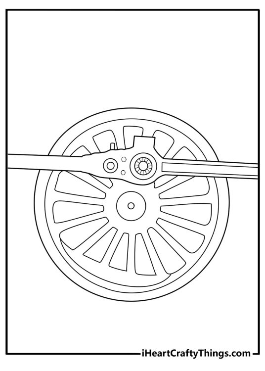 Train wheel and connecting rods close up detailed coloring page