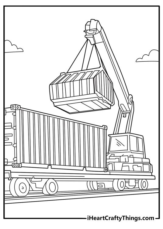 Train yard crane loading a flatcar detailed coloring sheet for adults