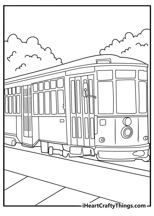 Tram streetcar rolling through town square fun printable coloring page