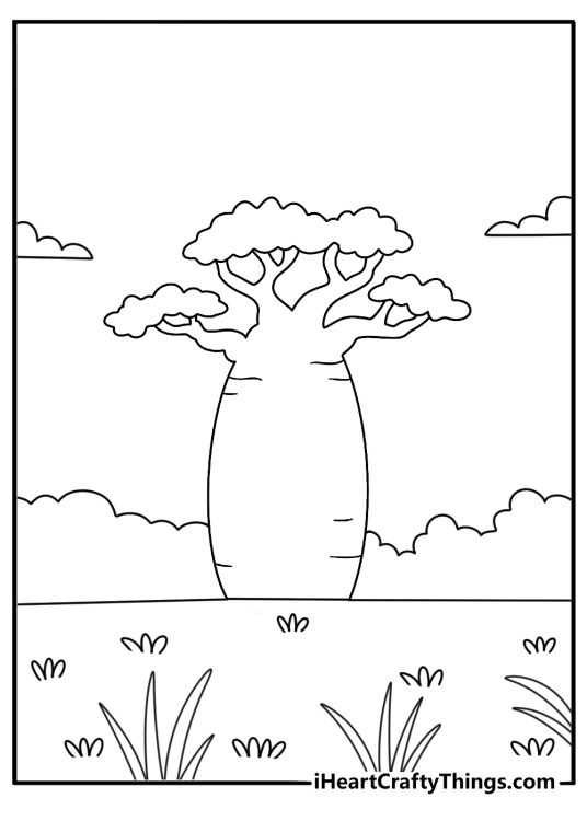 Tree coloring page with a baobab tree standing on open savanna