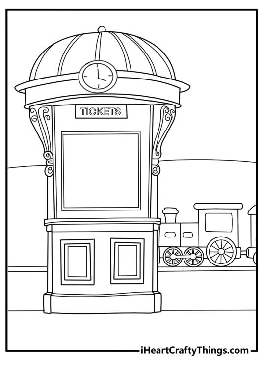 Vintage ticket booth and station clock with arriving train printable coloring page pdf