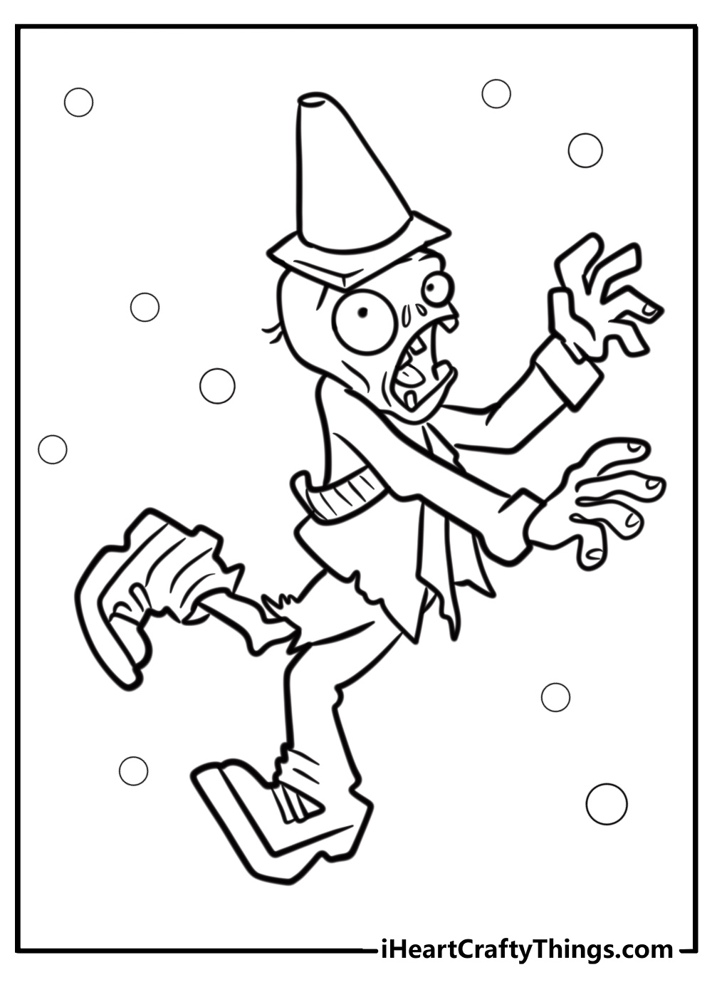 Zombie walking with a cone on its head free coloring page pdf