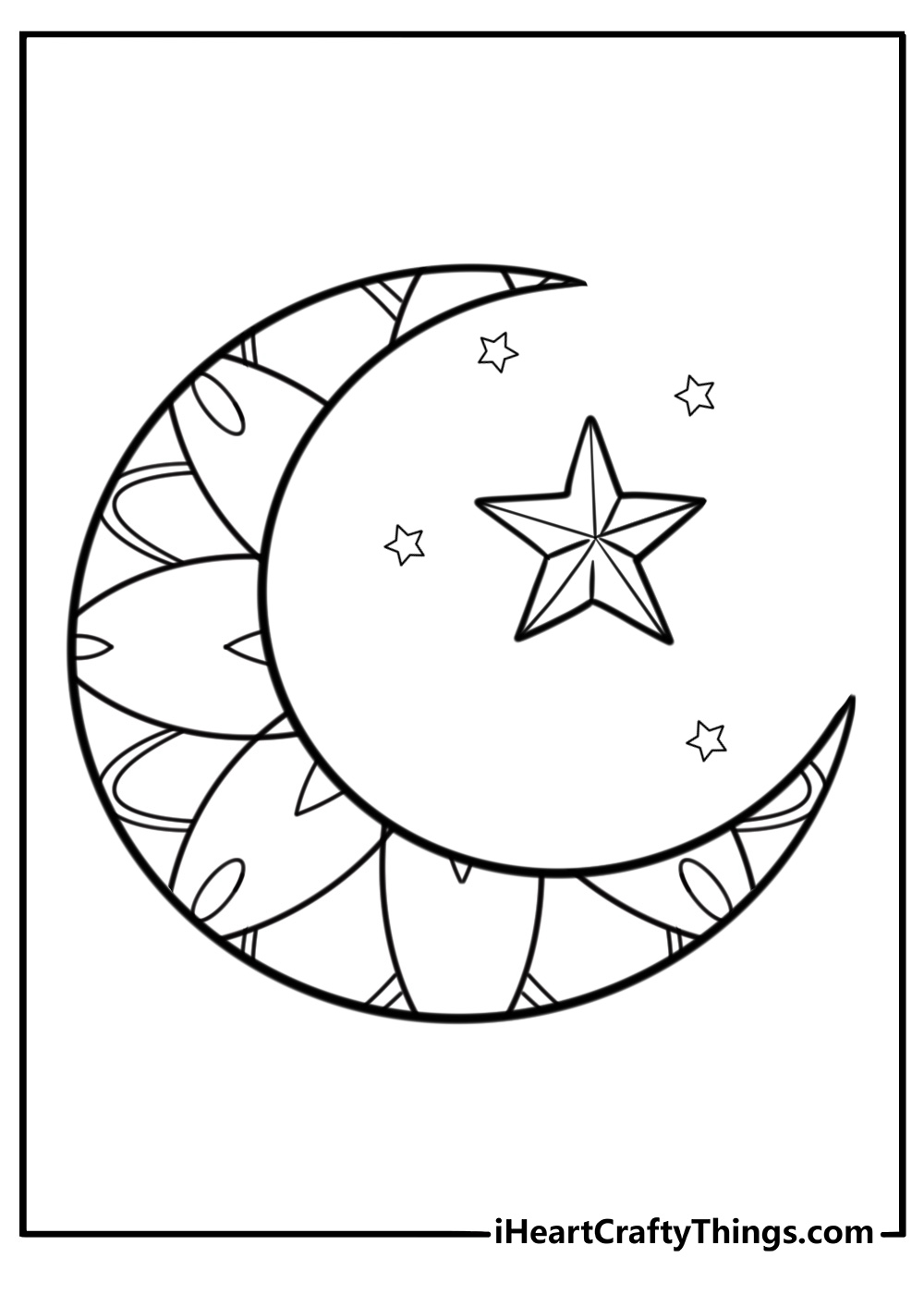 a beautiful crescent moon and stars design fun coloring sheet for kids