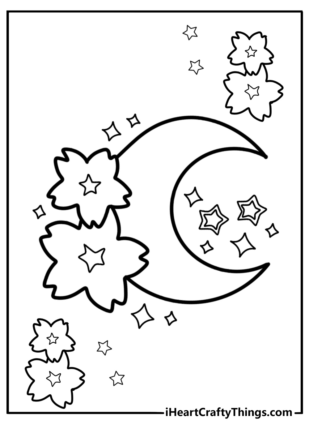 A crescent moon and star with flowers coloring page