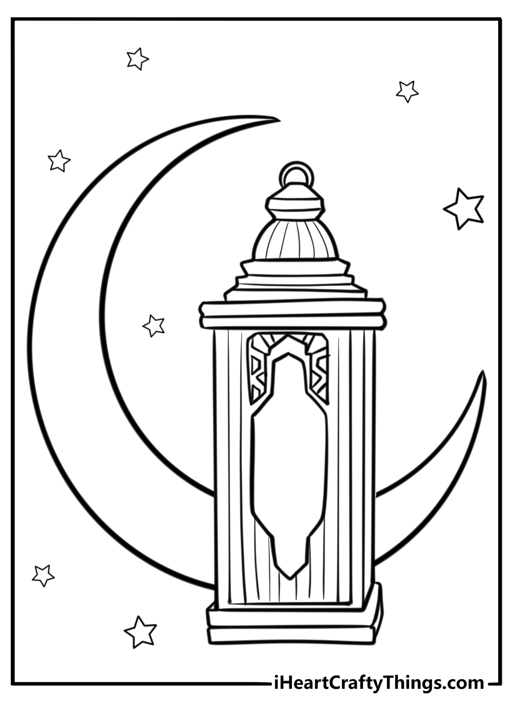 A crescent moon with Ramadan lanterns detailed coloring sheet