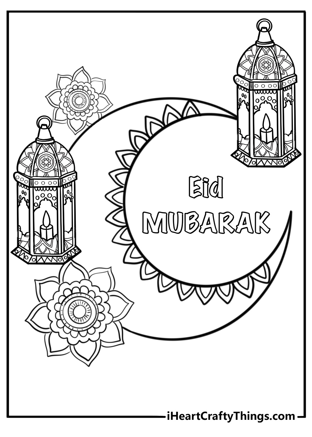 A decorative Eid Mubarak greeting card coloring page