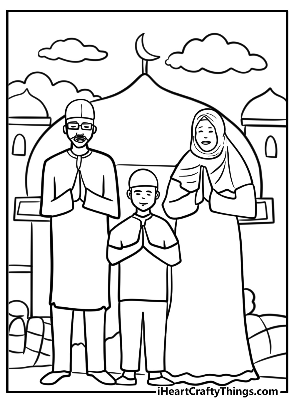 A family at a mosque for eid prayers free printable coloring page