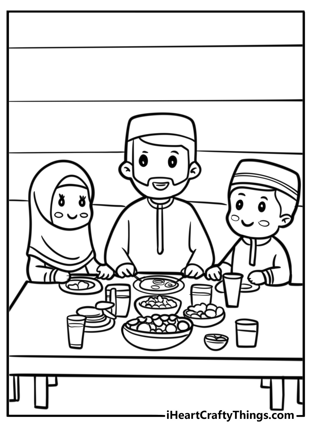 A family breaking fast together during ramadan free coloring page pdf