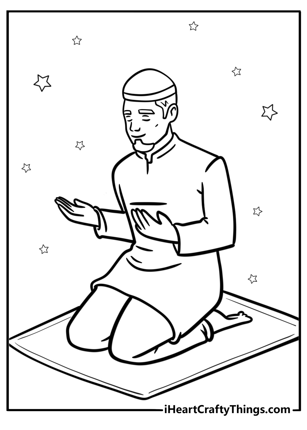 A man praying on a prayer mat coloring page for kids